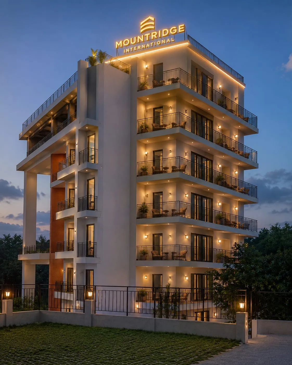 Mountridge apartment tower lit at dusk, every balcony glowing against the evening sky