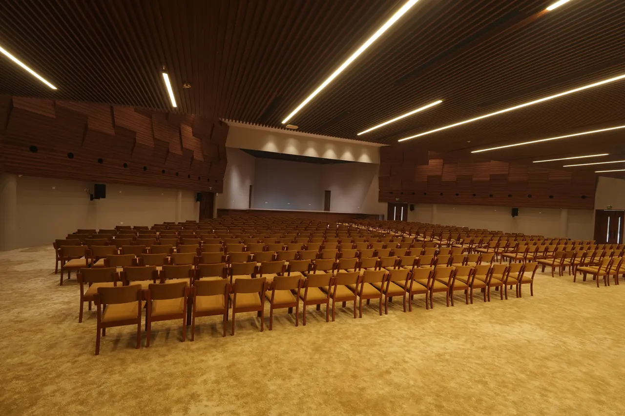 Auditorium seating and stage viewed from the side, with acoustic timber wall panels and linear ceiling lighting